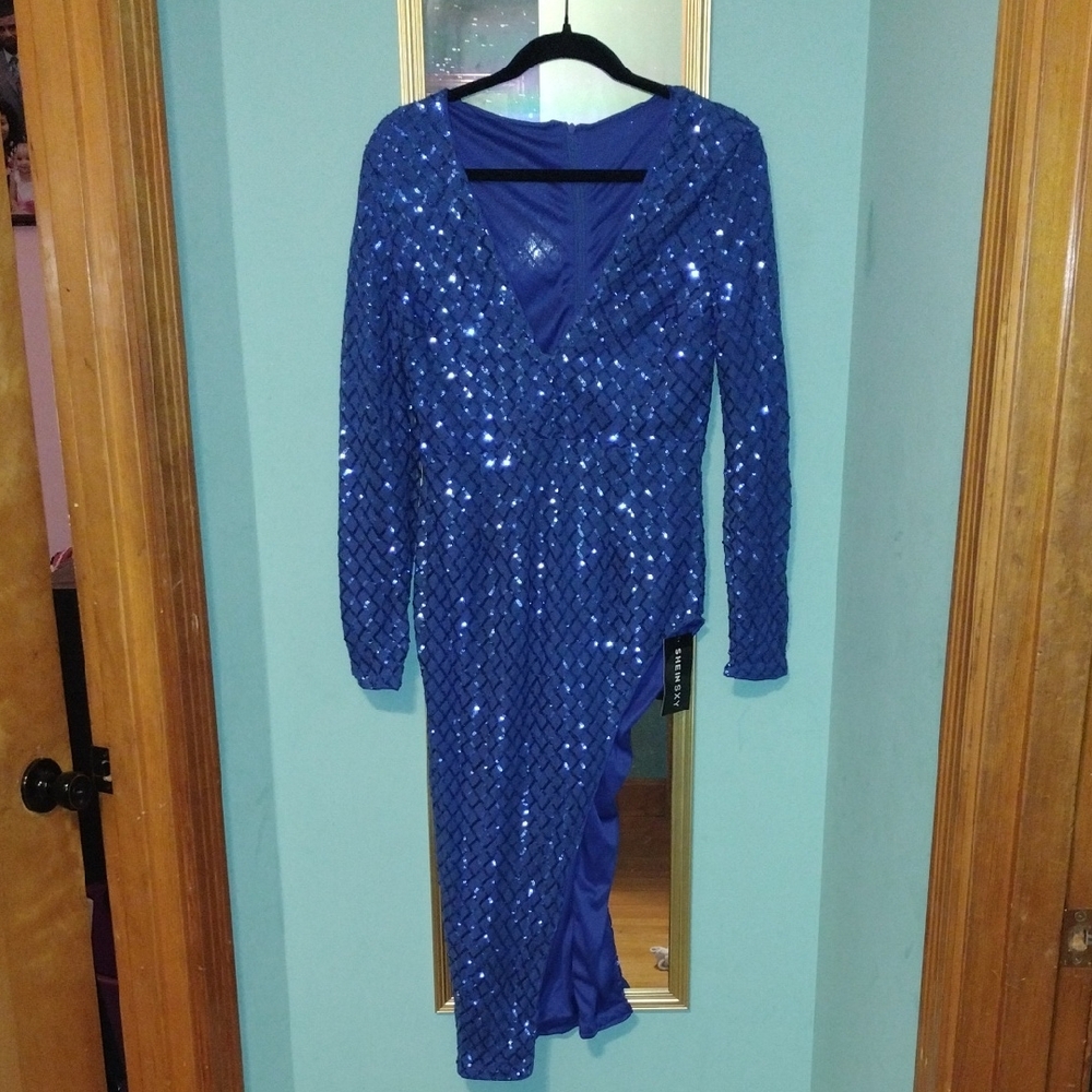 SHEIN Sparkling Blue Long Sleeve Dress